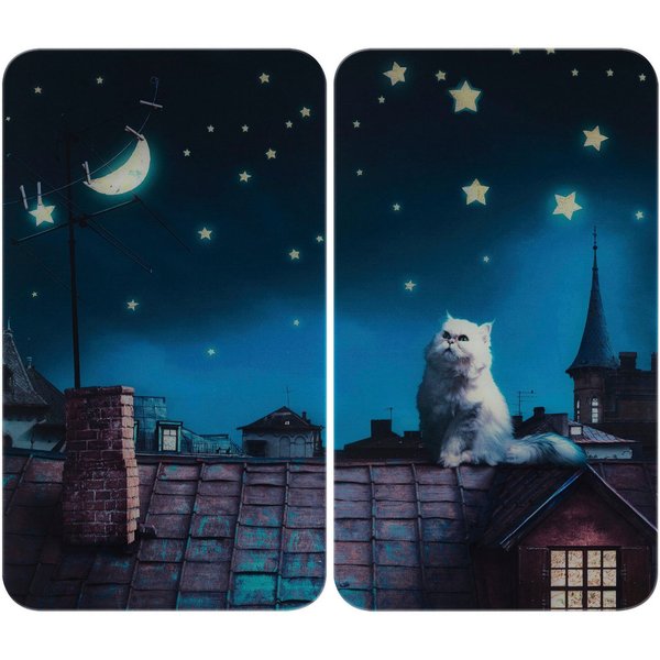 WENKO Herd-Abdeckplatte Universal Modell Moon Cat, Glas, (Set, 2 tlg), Herdabdeckung für alle Herdarten, kratzfest, mit rutschfesten Füßen