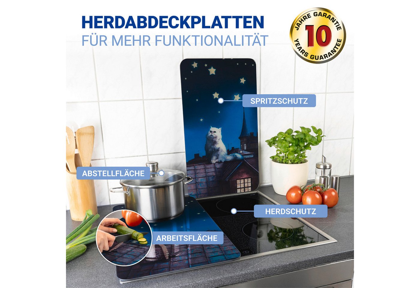 WENKO Herd-Abdeckplatte Universal Modell Moon Cat, Glas, (Set, 2 tlg), Herdabdeckung für alle Herdarten, kratzfest, mit rutschfesten Füßen – Bild 2 von 5