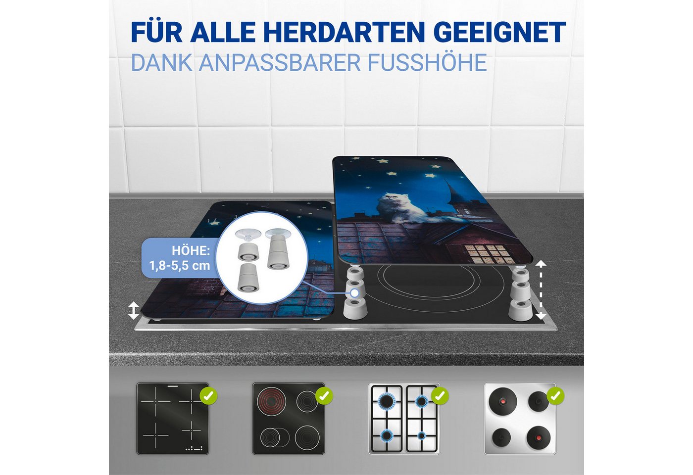 WENKO Herd-Abdeckplatte Universal Modell Moon Cat, Glas, (Set, 2 tlg), Herdabdeckung für alle Herdarten, kratzfest, mit rutschfesten Füßen – Bild 3 von 5