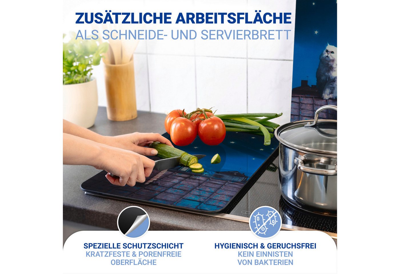 WENKO Herd-Abdeckplatte Universal Modell Moon Cat, Glas, (Set, 2 tlg), Herdabdeckung für alle Herdarten, kratzfest, mit rutschfesten Füßen – Bild 4 von 5