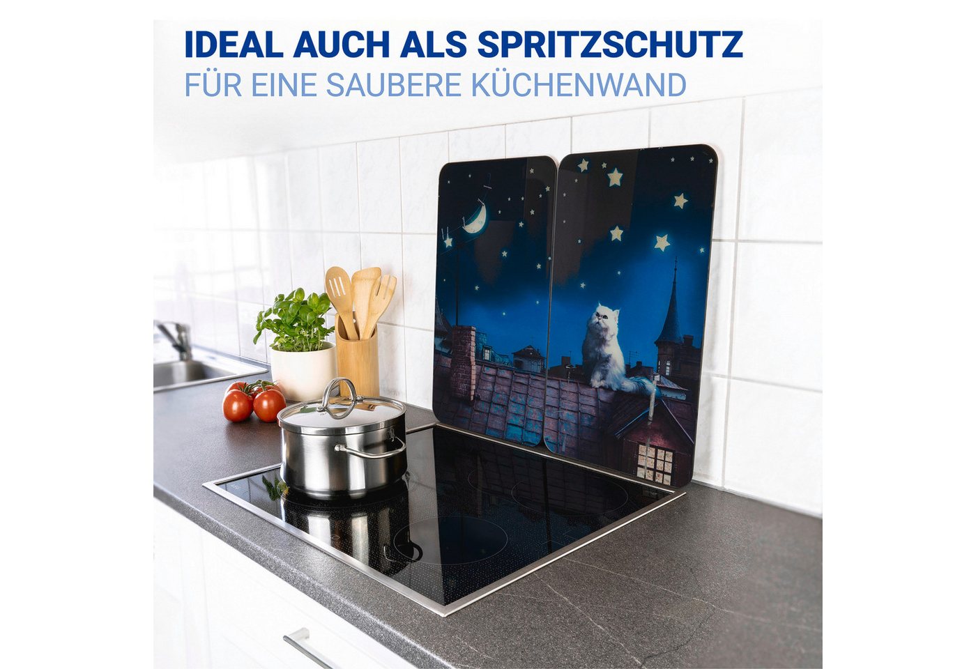 WENKO Herd-Abdeckplatte Universal Modell Moon Cat, Glas, (Set, 2 tlg), Herdabdeckung für alle Herdarten, kratzfest, mit rutschfesten Füßen – Bild 5 von 5
