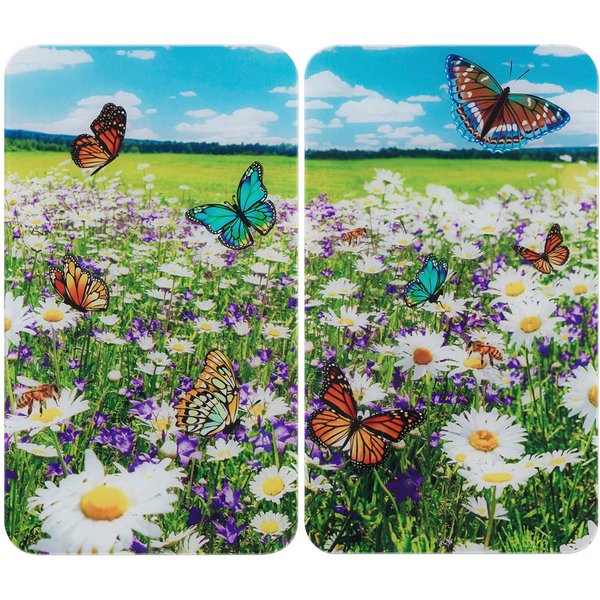 WENKO Herd-Abdeckplatte Universal Modell Sommerwiese, Glas, (Set, 2 tlg), Herdabdeckung für alle Herdarten, kratzfest, mit rutschfesten Füßen
