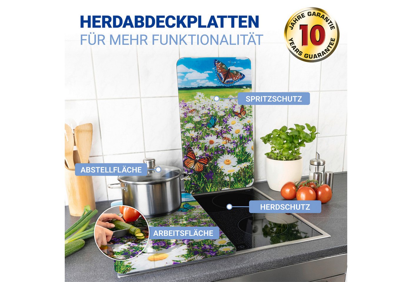 WENKO Herd-Abdeckplatte Universal Modell Sommerwiese, Glas, (Set, 2 tlg), Herdabdeckung für alle Herdarten, kratzfest, mit rutschfesten Füßen – Bild 2 von 5