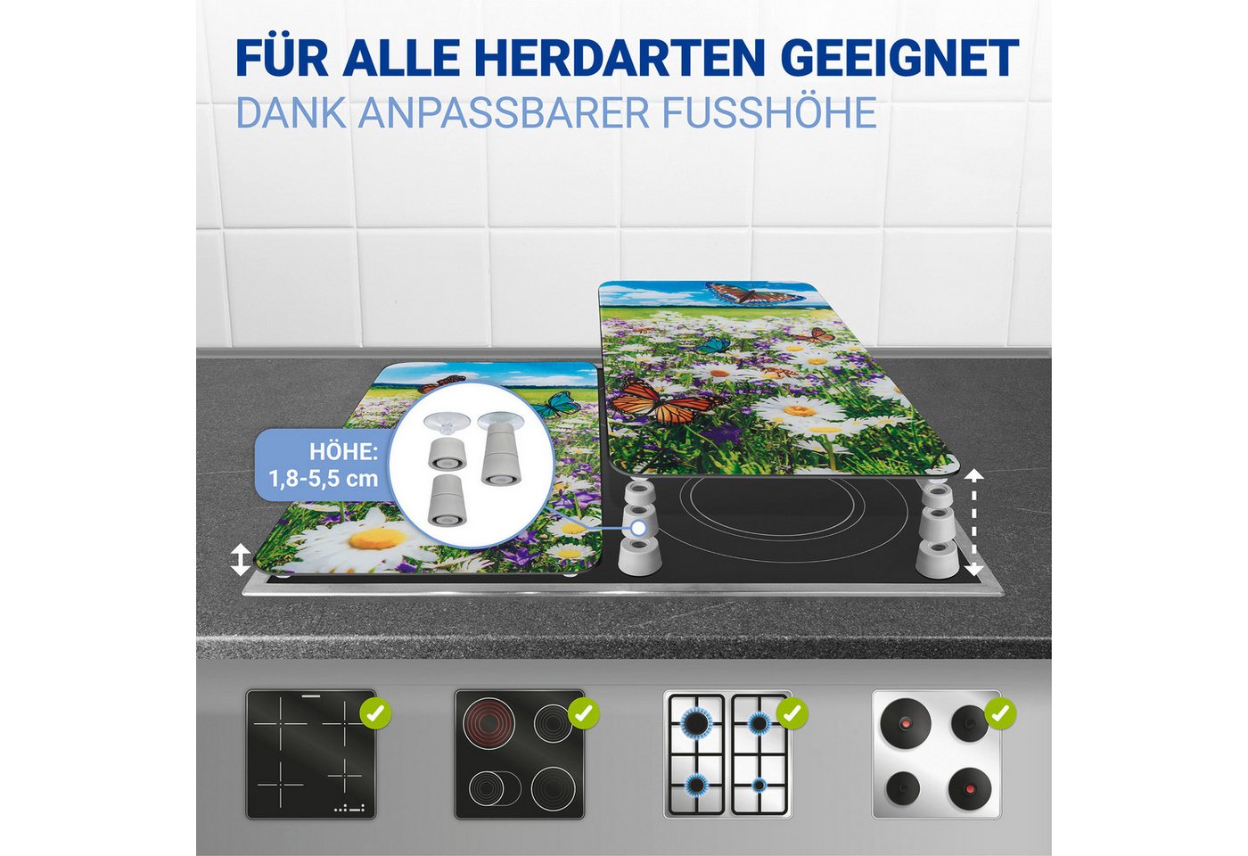 WENKO Herd-Abdeckplatte Universal Modell Sommerwiese, Glas, (Set, 2 tlg), Herdabdeckung für alle Herdarten, kratzfest, mit rutschfesten Füßen – Bild 3 von 5