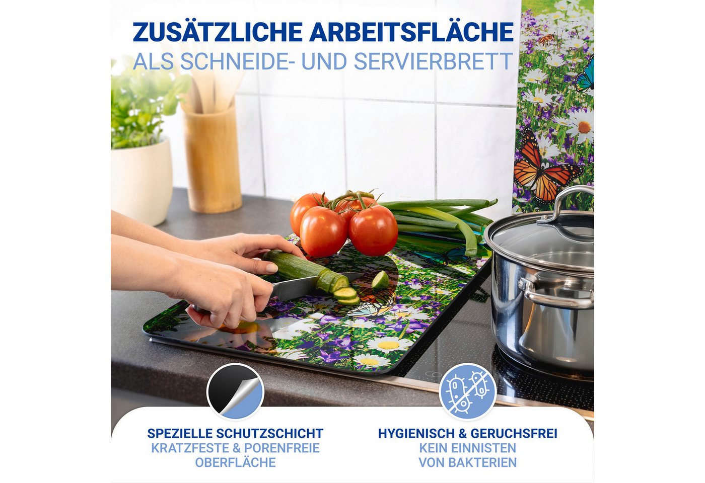 WENKO Herd-Abdeckplatte Universal Modell Sommerwiese, Glas, (Set, 2 tlg), Herdabdeckung für alle Herdarten, kratzfest, mit rutschfesten Füßen – Bild 4 von 5