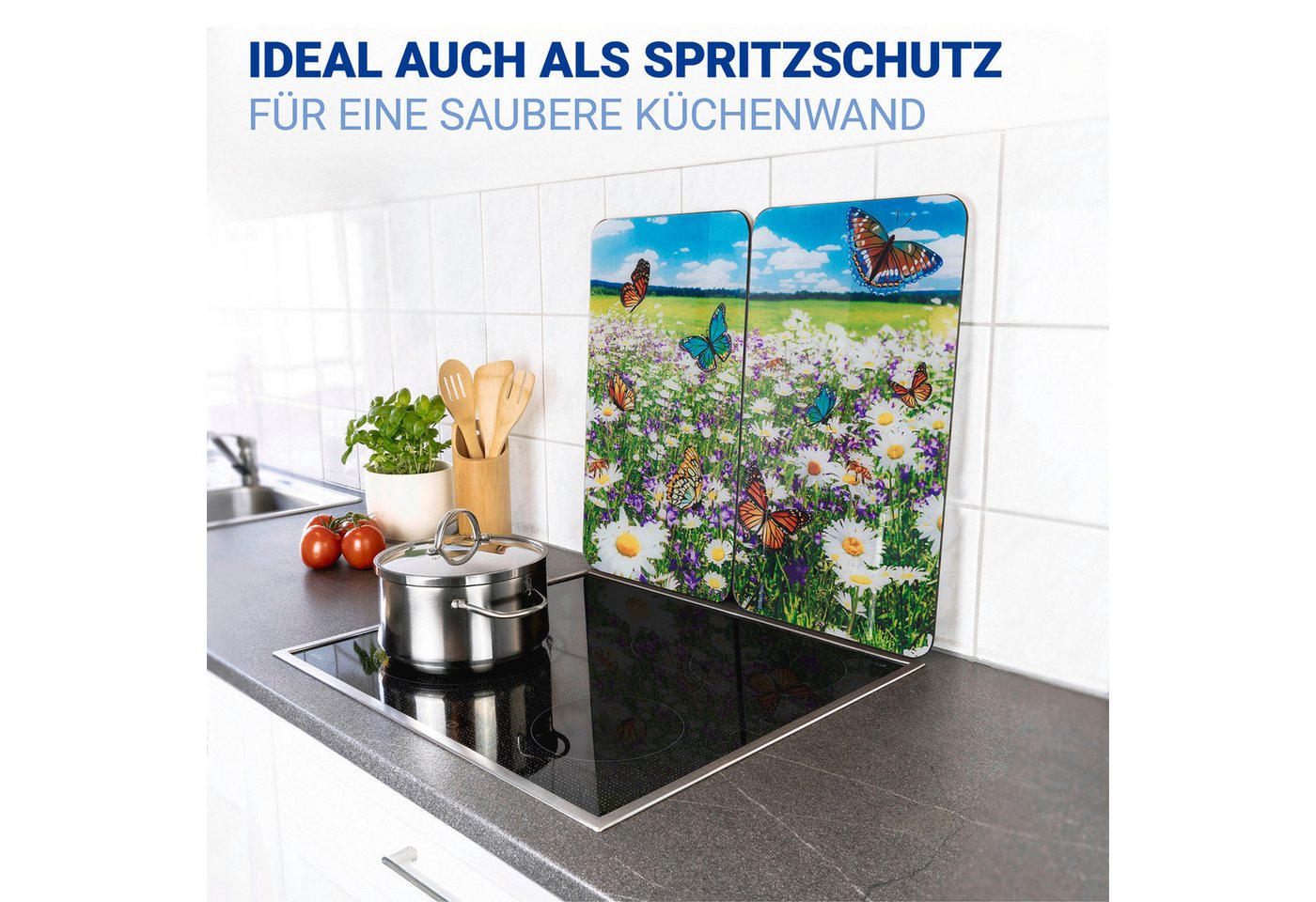 WENKO Herd-Abdeckplatte Universal Modell Sommerwiese, Glas, (Set, 2 tlg), Herdabdeckung für alle Herdarten, kratzfest, mit rutschfesten Füßen – Bild 5 von 5
