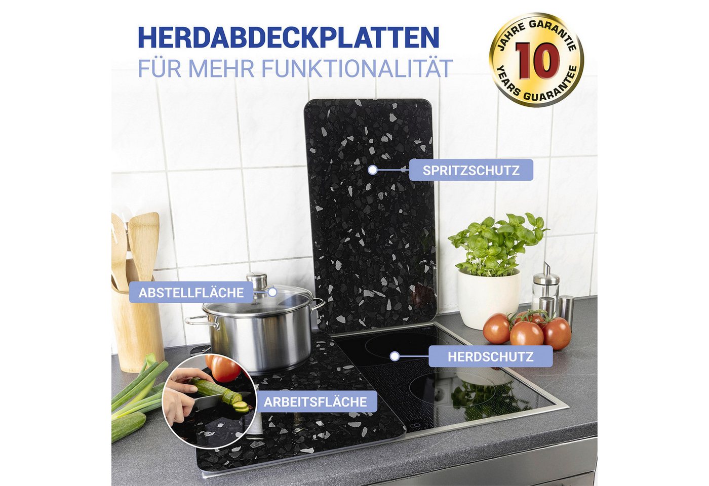 WENKO Herd-Abdeckplatte Universal Modell Terrazzo, Glas, (Set, 2 tlg), Herdabdeckung für alle Herdarten, kratzfest, mit rutschfesten Füßen – Bild 2 von 5