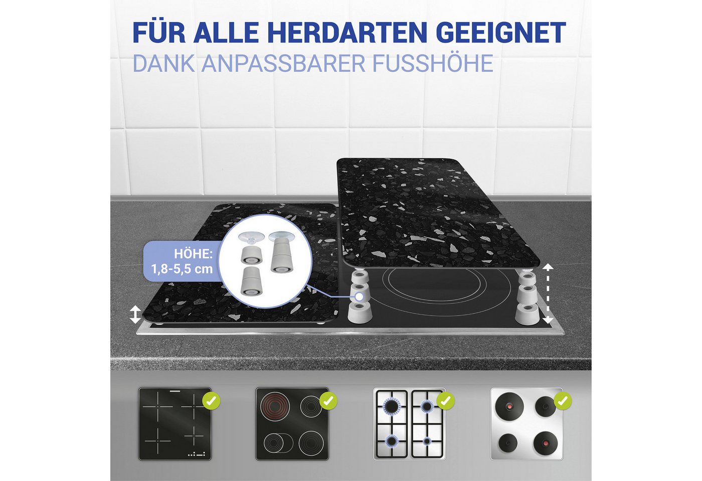WENKO Herd-Abdeckplatte Universal Modell Terrazzo, Glas, (Set, 2 tlg), Herdabdeckung für alle Herdarten, kratzfest, mit rutschfesten Füßen – Bild 3 von 5