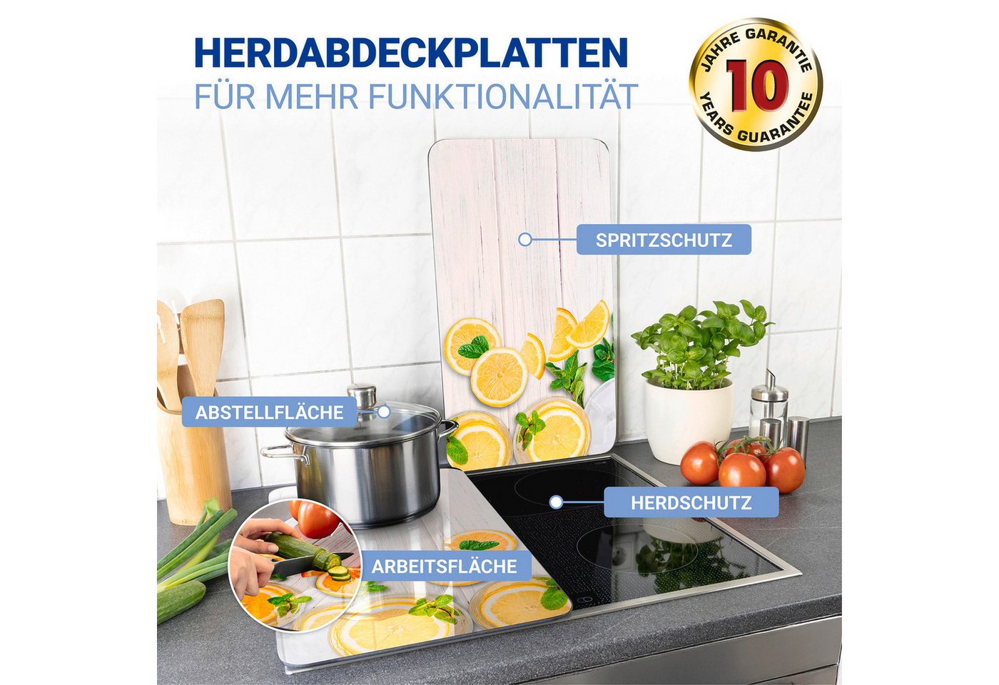WENKO Herd-Abdeckplatte Universal Modell Zitronen, Glas, Kunststoff, (Set, 2 tlg), Herdabdeckung für alle Herdarten, kratzfest, mit rutschfesten Füßen – Bild 2 von 5