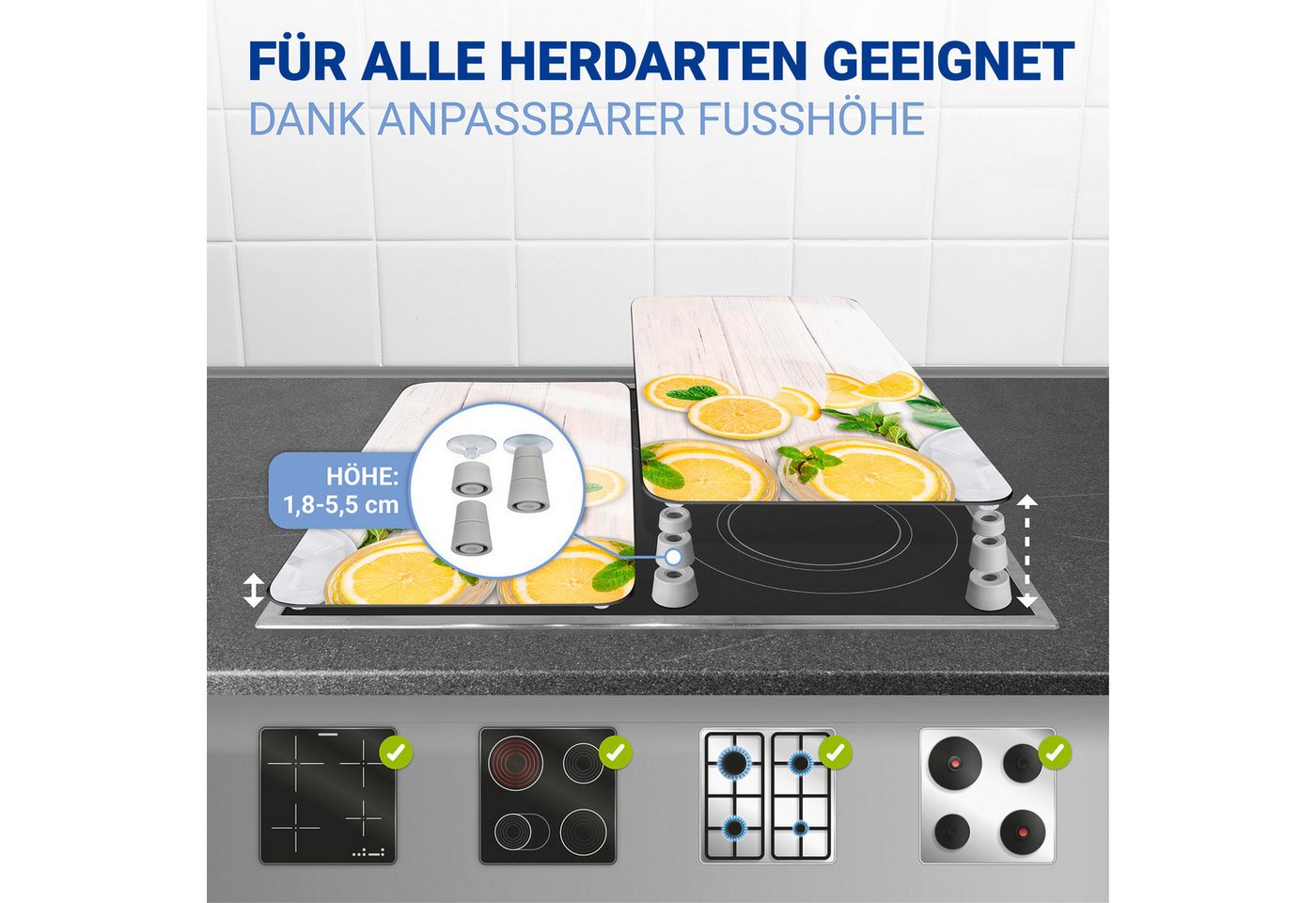 WENKO Herd-Abdeckplatte Universal Modell Zitronen, Glas, Kunststoff, (Set, 2 tlg), Herdabdeckung für alle Herdarten, kratzfest, mit rutschfesten Füßen – Bild 3 von 5