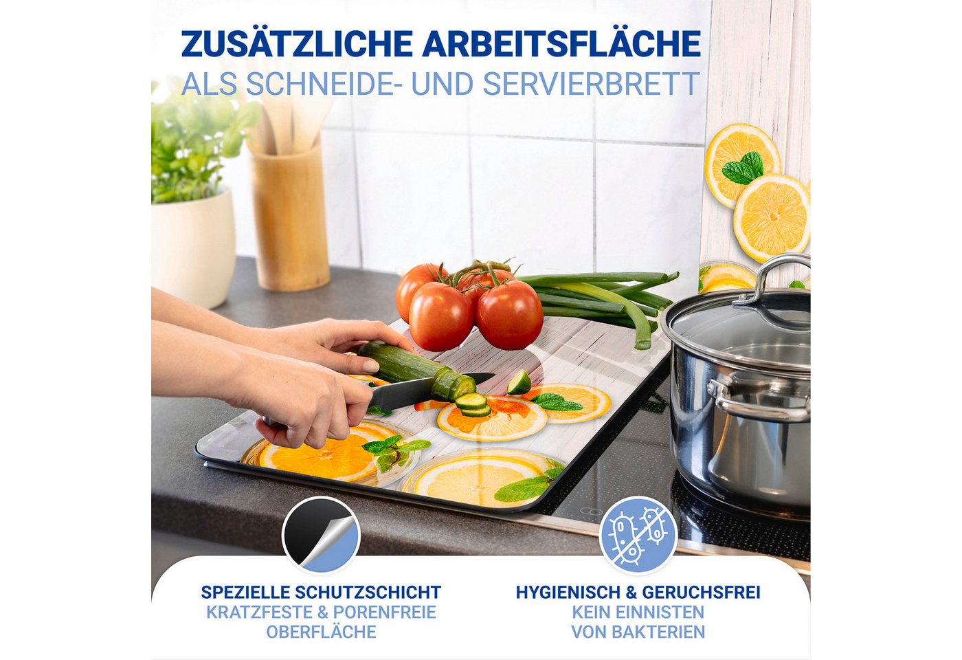 WENKO Herd-Abdeckplatte Universal Modell Zitronen, Glas, Kunststoff, (Set, 2 tlg), Herdabdeckung für alle Herdarten, kratzfest, mit rutschfesten Füßen – Bild 4 von 5
