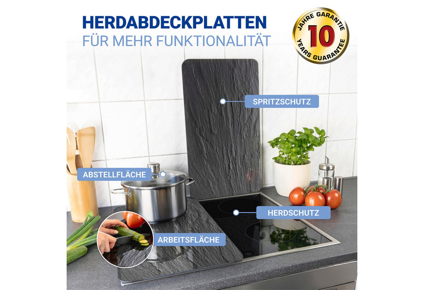 WENKO Herdblende-/Abdeckplatte Universal Modell Schiefer, Glas, (Set, 2 tlg), Herdabdeckung für alle Herdarten, kratzfest, mit rutschfesten Füßen – Bild 2 von 5