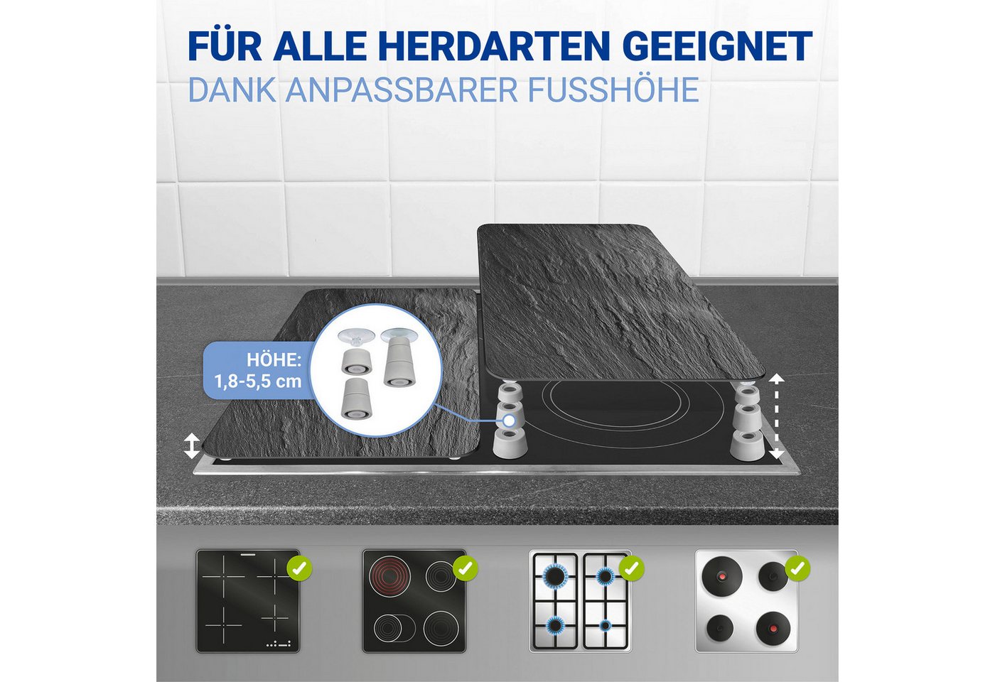 WENKO Herdblende-/Abdeckplatte Universal Modell Schiefer, Glas, (Set, 2 tlg), Herdabdeckung für alle Herdarten, kratzfest, mit rutschfesten Füßen – Bild 3 von 5