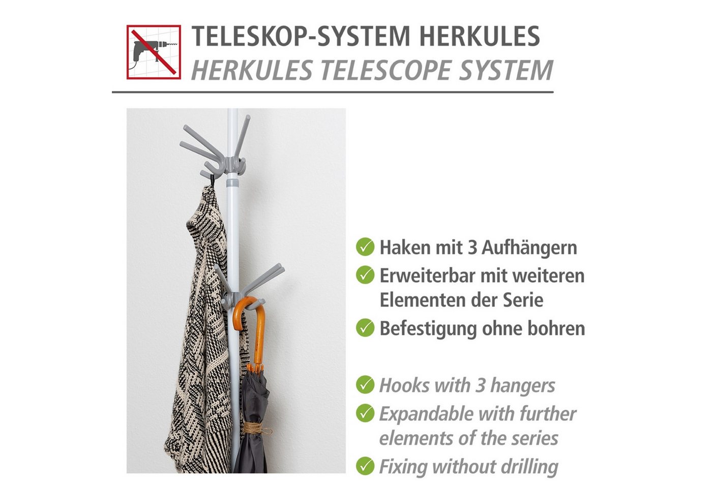 WENKO Kleiderhaken Modell Herkules, (Set, 2-St), Haken mit 3 Aufhängern, Erweiterung zum WENKO Herkules Teleskop-System – Bild 4 von 5