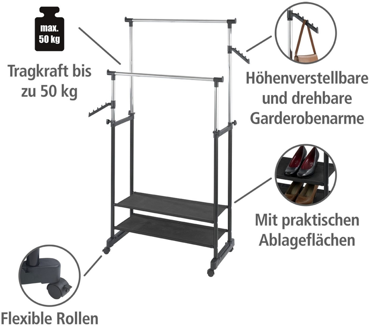 WENKO Kleiderständer Modell All Inn, Garderobenständer mit 2 Ablagen und 2 Kleiderstangen, höhenverstellbar – Bild 3 von 5