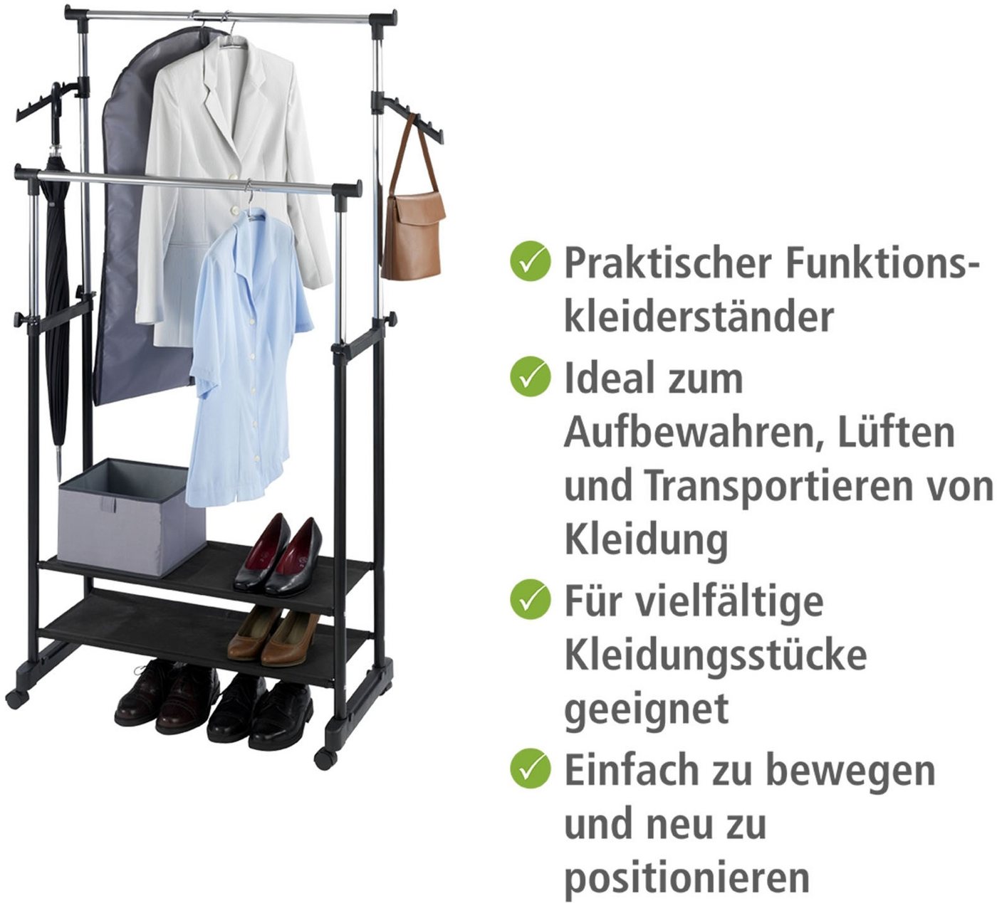 WENKO Kleiderständer Modell All Inn, Garderobenständer mit 2 Ablagen und 2 Kleiderstangen, höhenverstellbar – Bild 4 von 5