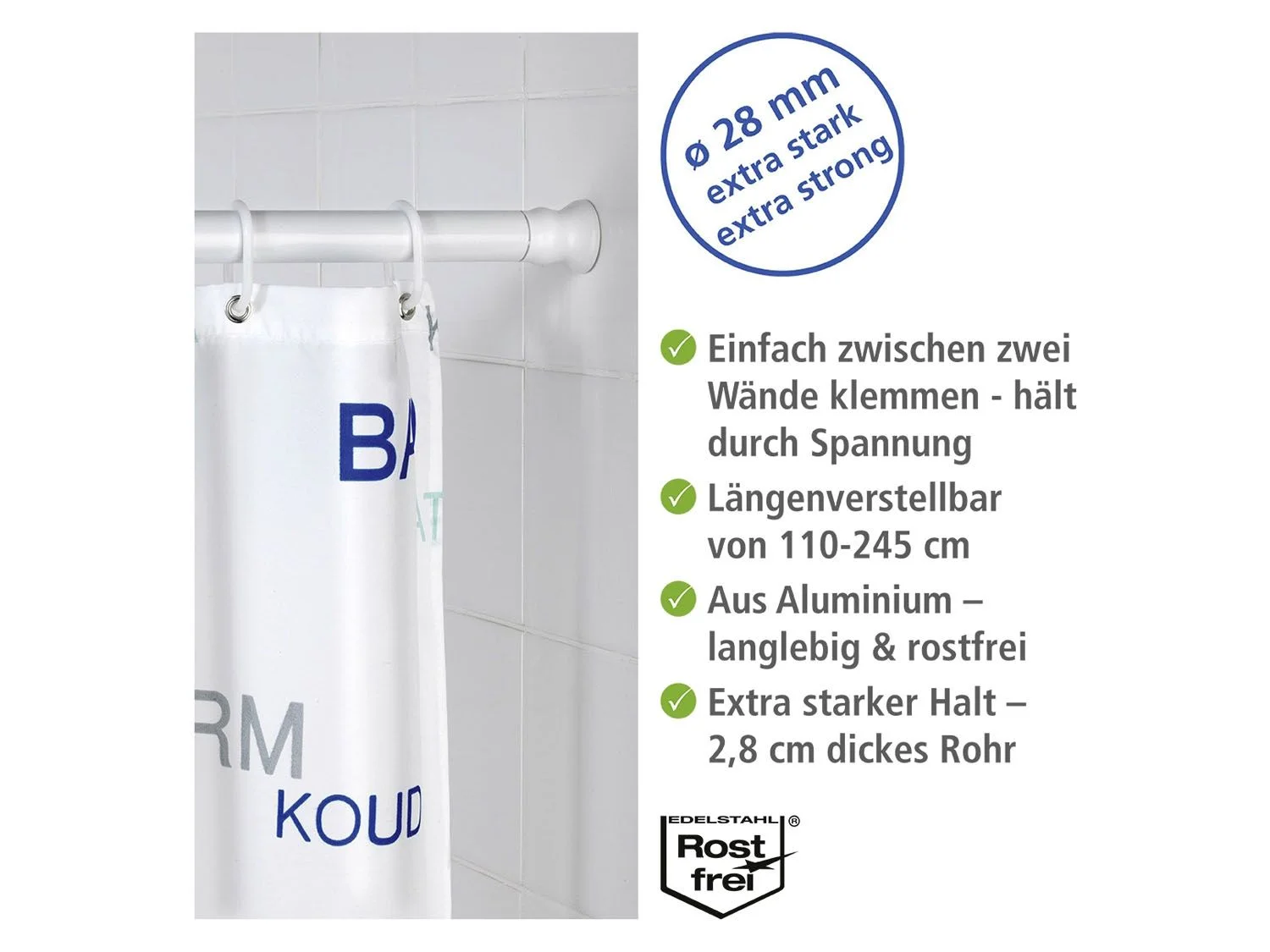 WENKO Klemmstange Extra stark weiß, Ø 28 mm, ausziehbar, Aluminium, Teleskopstange für Duschvorhänge, Breite 110-245 cm – Bild 4 von 4