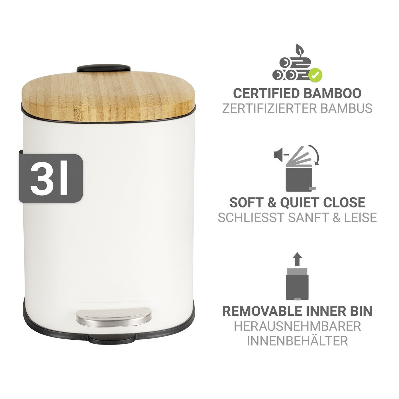 WENKO Kosmetikeimer Fianema, fürs Badezimmer, Easy-Close-Mechanik, Inneneimer: 3 L – Bild 2 von 5
