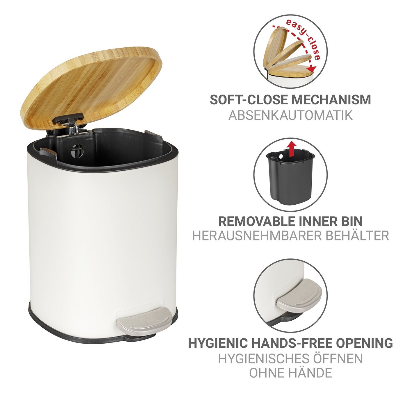 WENKO Kosmetikeimer Fianema, fürs Badezimmer, Easy-Close-Mechanik, Inneneimer: 3 L – Bild 3 von 5