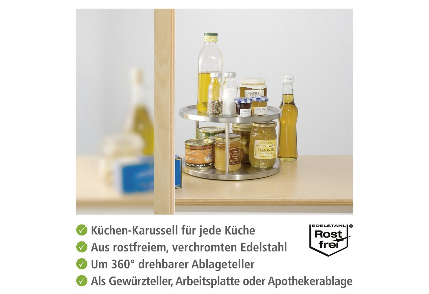 WENKO Küchenkarussell Modell Duo, drehbares Schrankrondell, 2 Etagen, für Gewürze und Vorräte, Edelstahl – Bild 2 von 5