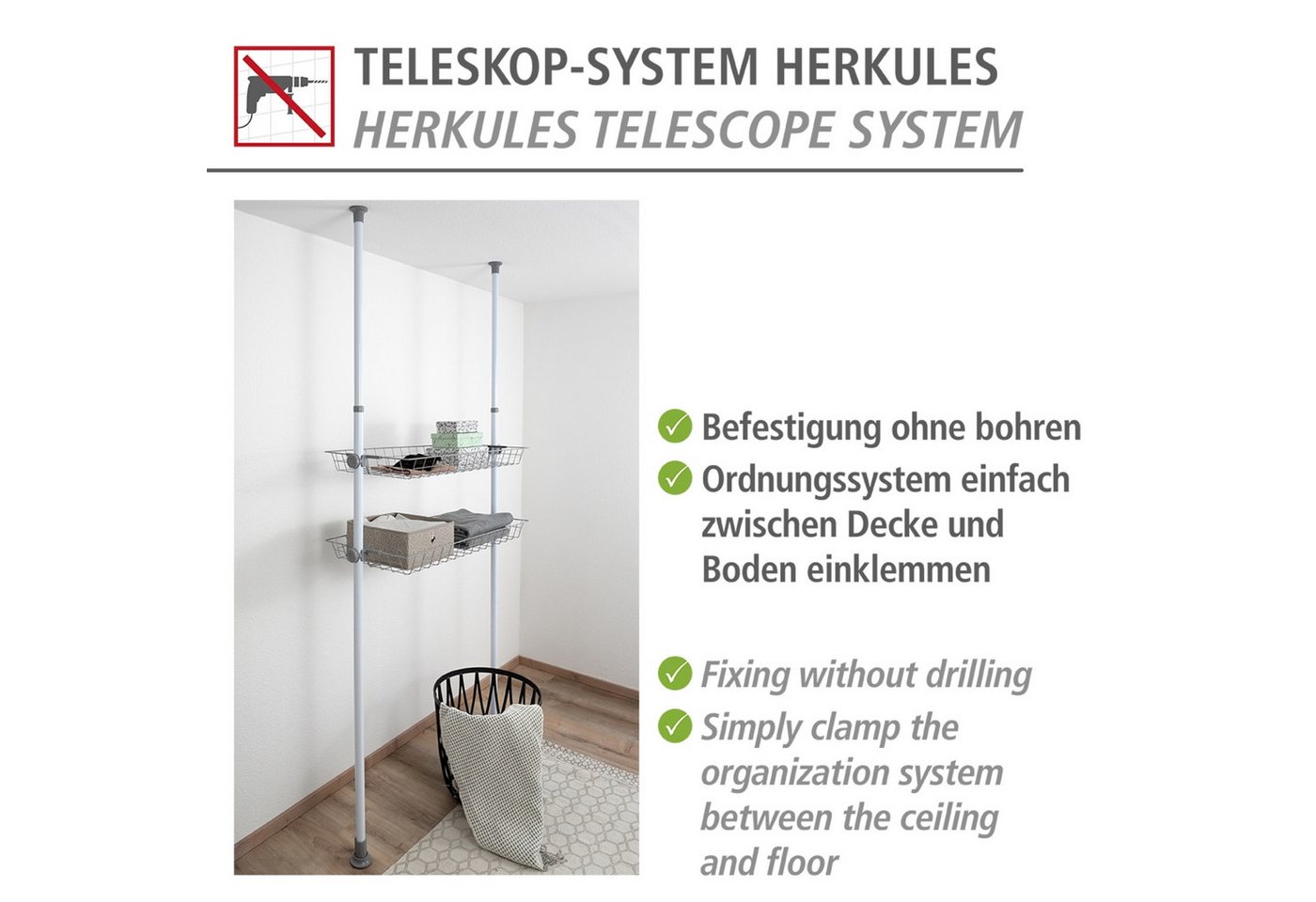 WENKO Organizer Modell Herkules (Set, 2 St), Drahtkörbe aus Stahl, Erweiterung zum Teleskop-System Herkules – Bild 4 von 5