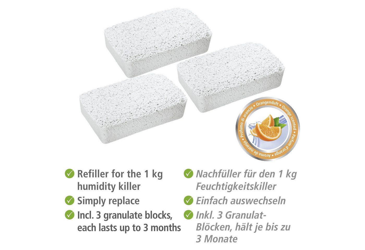 WENKO Raumentfeuchter-Nachfüllpack Orangenduft, für Luftentfeuchter Feuchtigkeitskiller 1 kg, Orange, Packung, 3-er Set Nachfüllpack für Raumentfeuchter, geräus – Bild 4 von 5