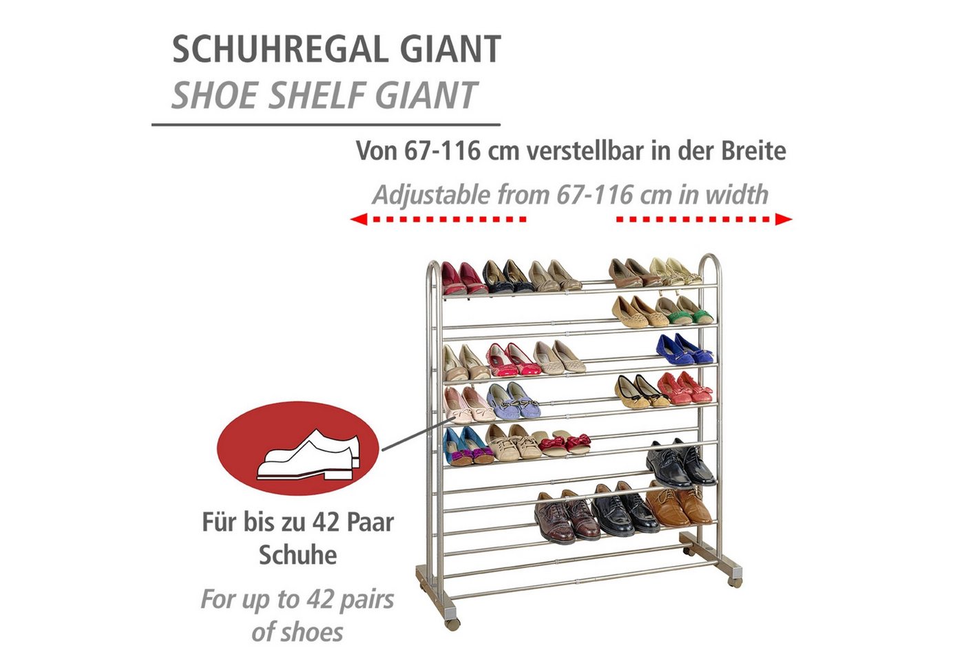 WENKO Schuhregal Modell Giant, für bis zu 42 Paar Schuhe, ausziehbar und fahrbar, mit 4 Rollen – Bild 3 von 5