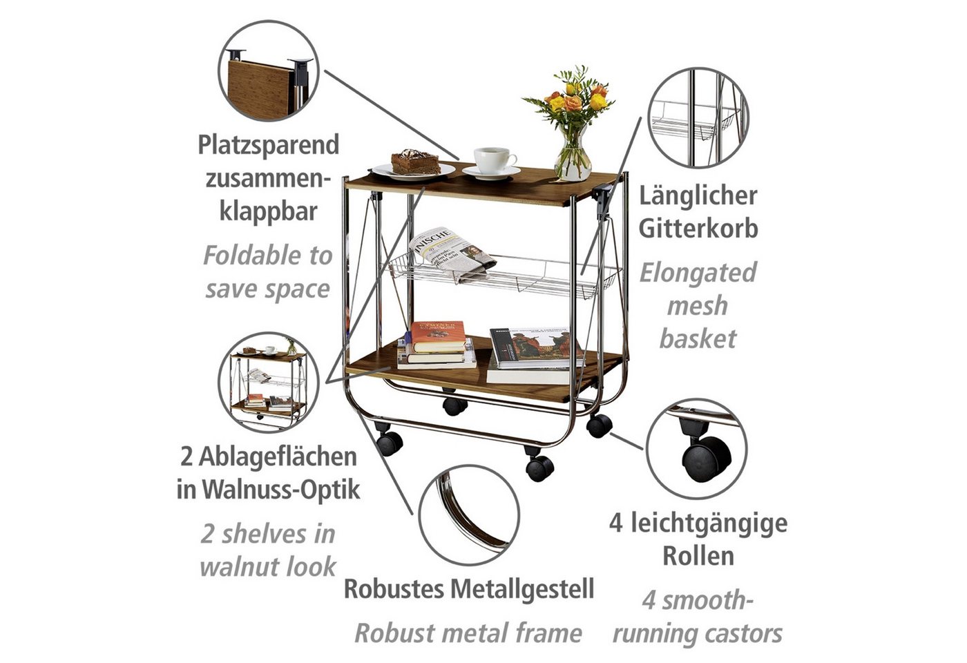 WENKO Servierwagen Modell Dinett Deluxe, Küchenwagen mit 2 Ablagen und Korb, 4 Rollen, zusammenklappbar – Bild 4 von 5