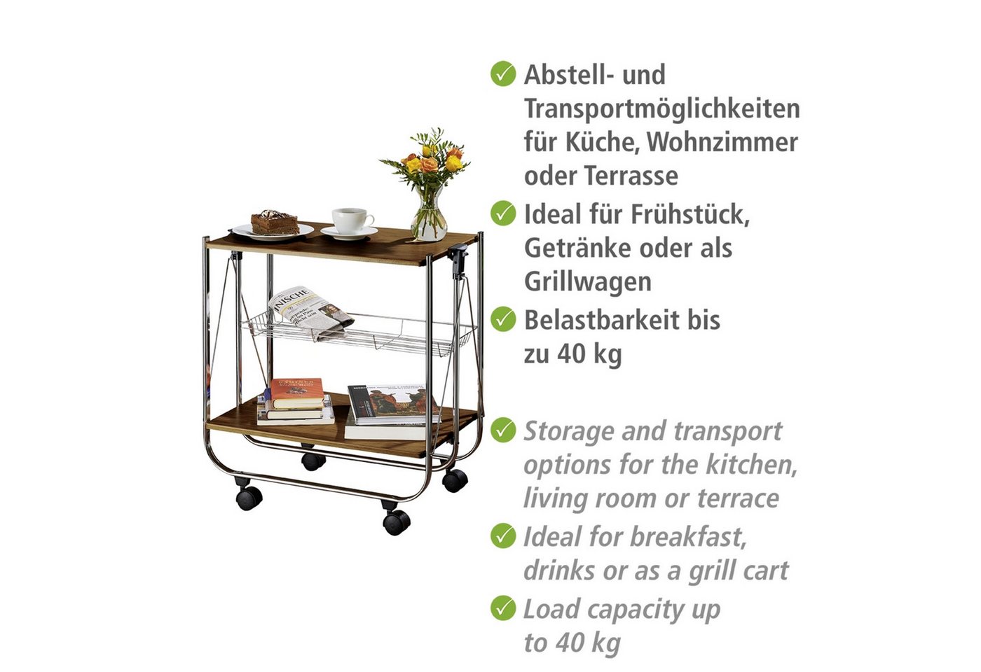 WENKO Servierwagen Modell Dinett Deluxe, Küchenwagen mit 2 Ablagen und Korb, 4 Rollen, zusammenklappbar – Bild 5 von 5