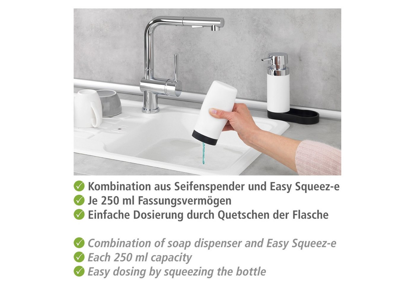 WENKO Spülmittelspender Modell Easy Squeez-e, Spülstation, Spülmittel- und Seifenspender aus Silikon, je 250 ml – Bild 4 von 5