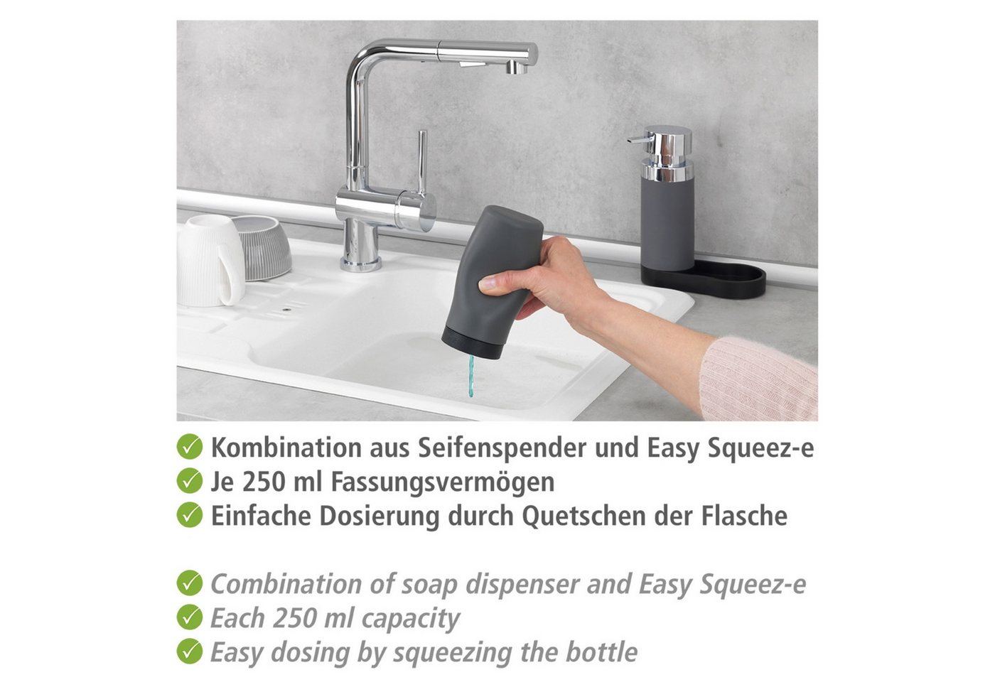 WENKO Spülmittelspender Modell Easy Squeez-e, Spülstation, Spülmittel- und Seifenspender aus Silikon, je 250 ml – Bild 4 von 5