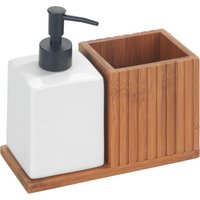 WENKO Spülmittelspender Modell Mera, mit Utensilienhalter, Keramik & geräucherter Bambus, Landhaus-Stil