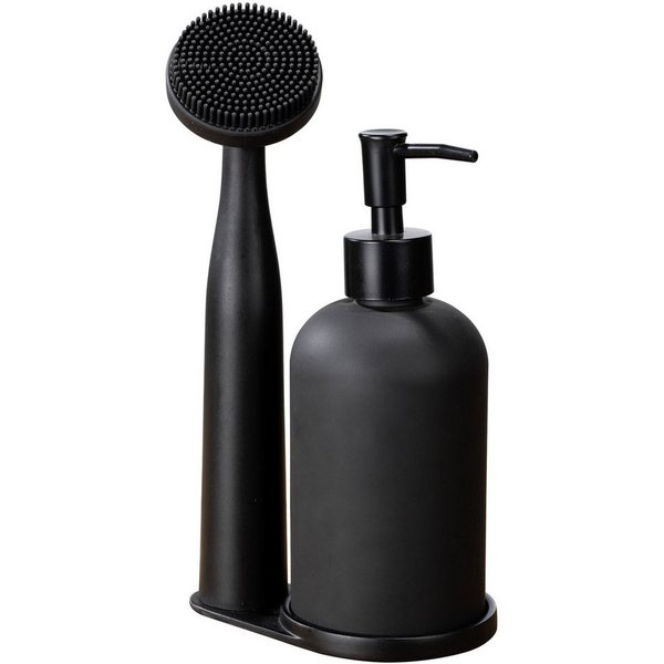 WENKO Spülmittelspender Modell Piedo, (Set, 3-tlg), Spül-Set, inkl. Spülbürste mit Halterung, Glas/Polyresin