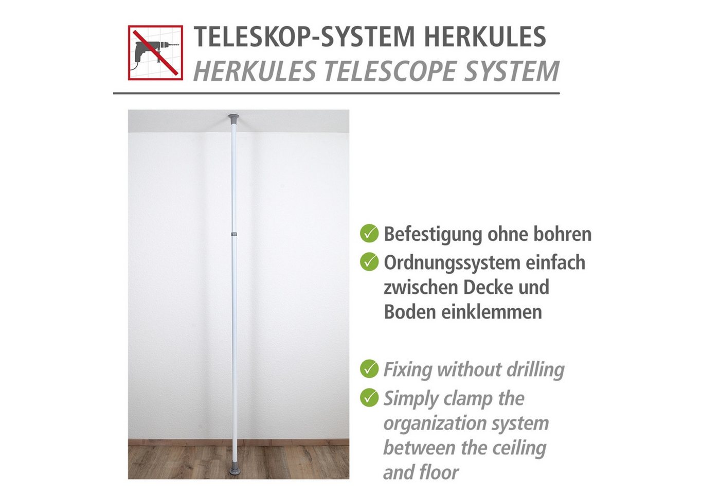 WENKO Teleskopregal Modell Herkules, ausziehbare Hauptstange 165-300 cm, passend zur WENKO Herkules-Serie – Bild 3 von 5