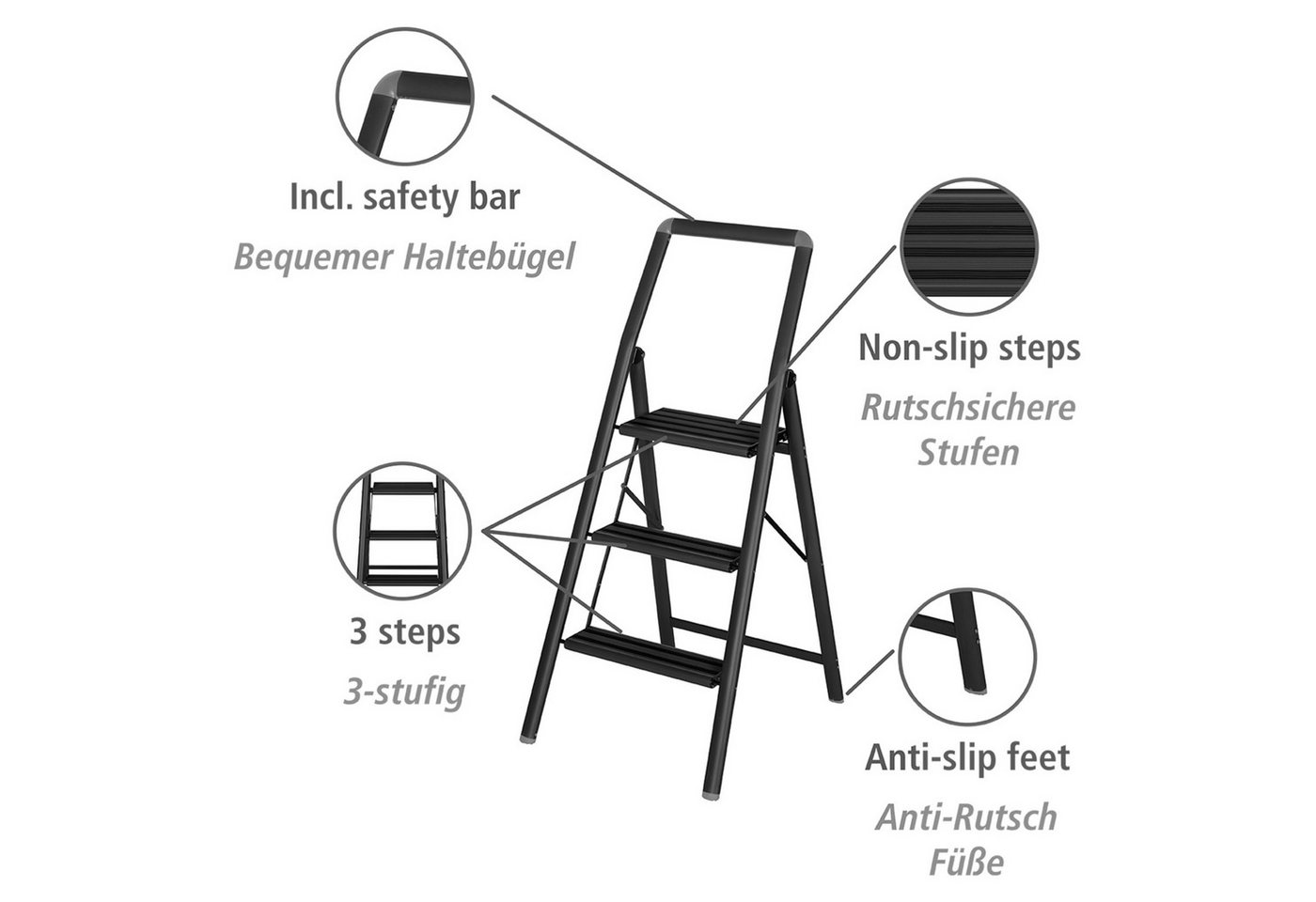 WENKO Trittleiter Modell Alu-Compact, Klapptritt (1-St), leichte, mit Anti-Rutsch-Füßen zusammenklappbare Leiter – Bild 3 von 5
