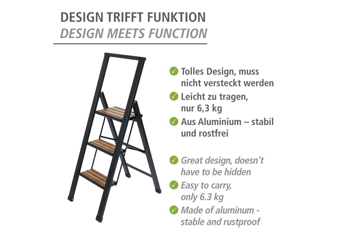 WENKO Trittleiter Modell Alu-Design, rutschsichere XXL-Stufen, robustes Aluminium in Kombination mit Bambus – Bild 3 von 5