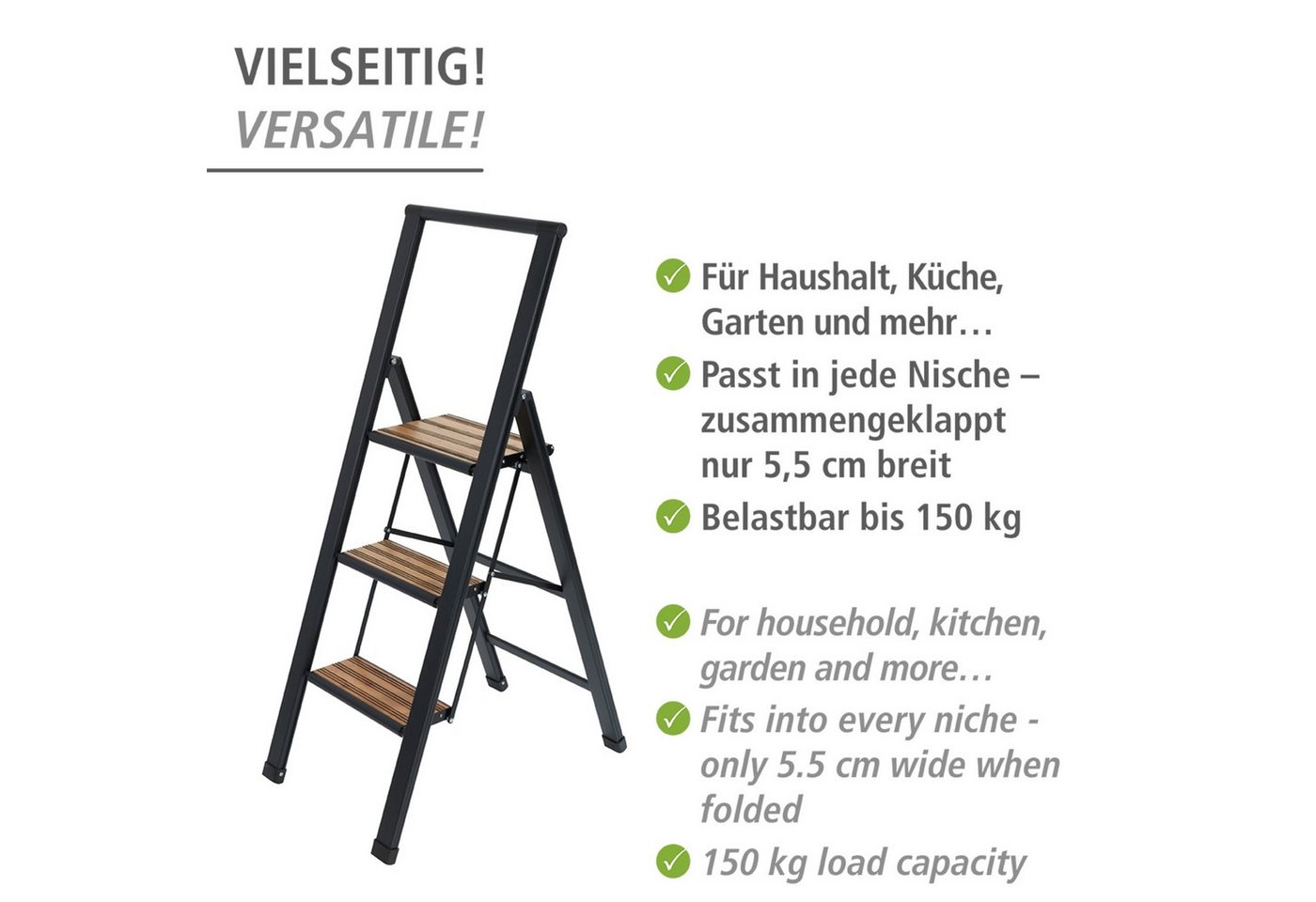 WENKO Trittleiter Modell Alu-Design, rutschsichere XXL-Stufen, robustes Aluminium in Kombination mit Bambus – Bild 4 von 5