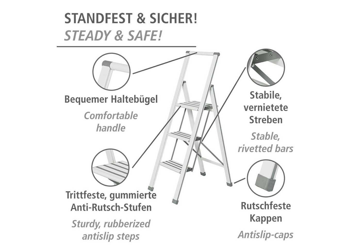 WENKO Trittleiter Modell Alu-Design, Klapptritt Leiter, rutschsichere XXL-Stufen, klappbar, bis 150 kg – Bild 2 von 5