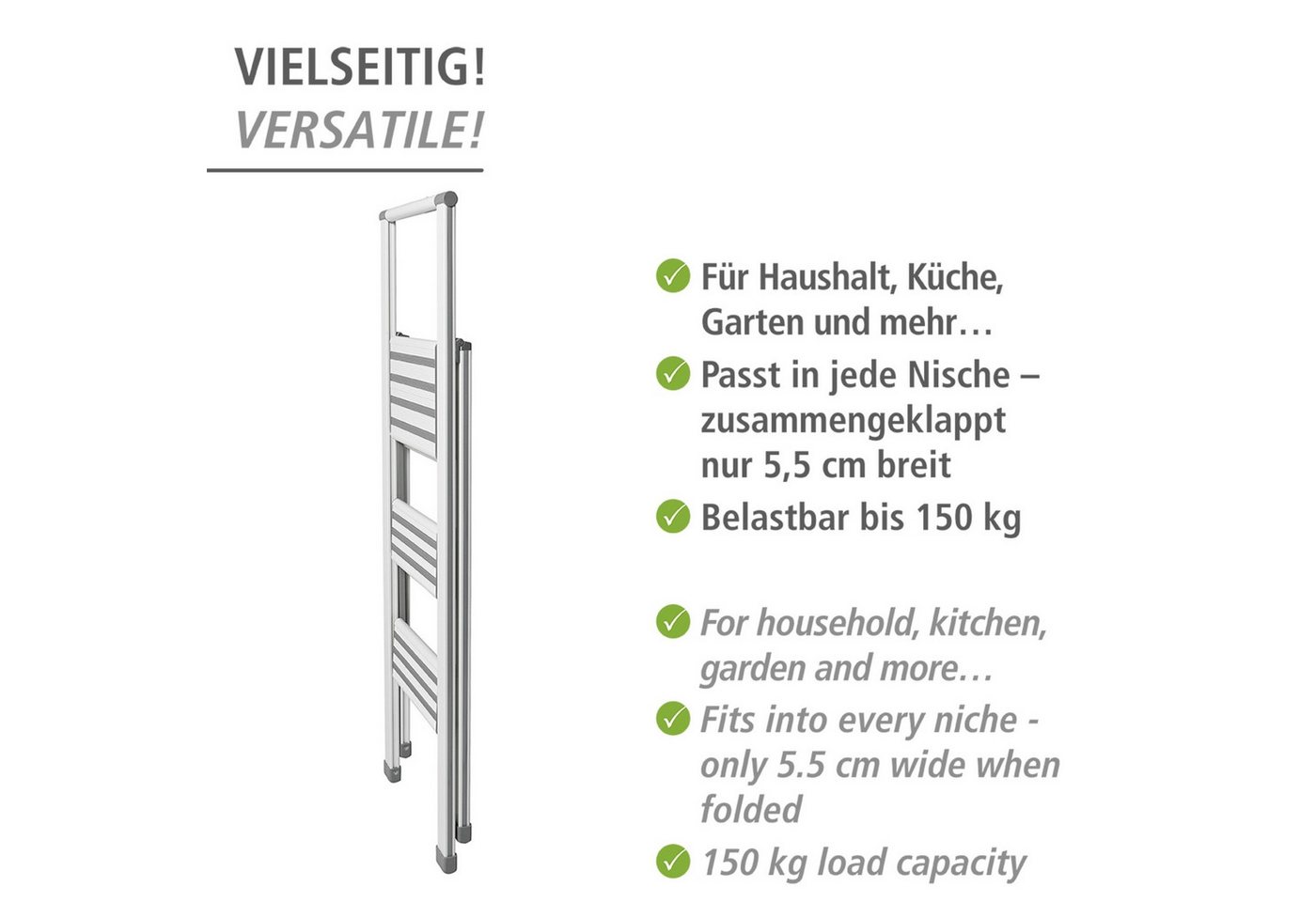 WENKO Trittleiter Modell Alu-Design, Klapptritt Leiter, rutschsichere XXL-Stufen, klappbar, bis 150 kg – Bild 4 von 5