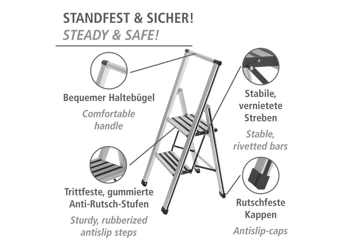 WENKO Trittleiter Modell Alu-Design, Klapptritt Leiter, rutschsichere XXL-Stufen, klappbar, bis 150 kg – Bild 2 von 5