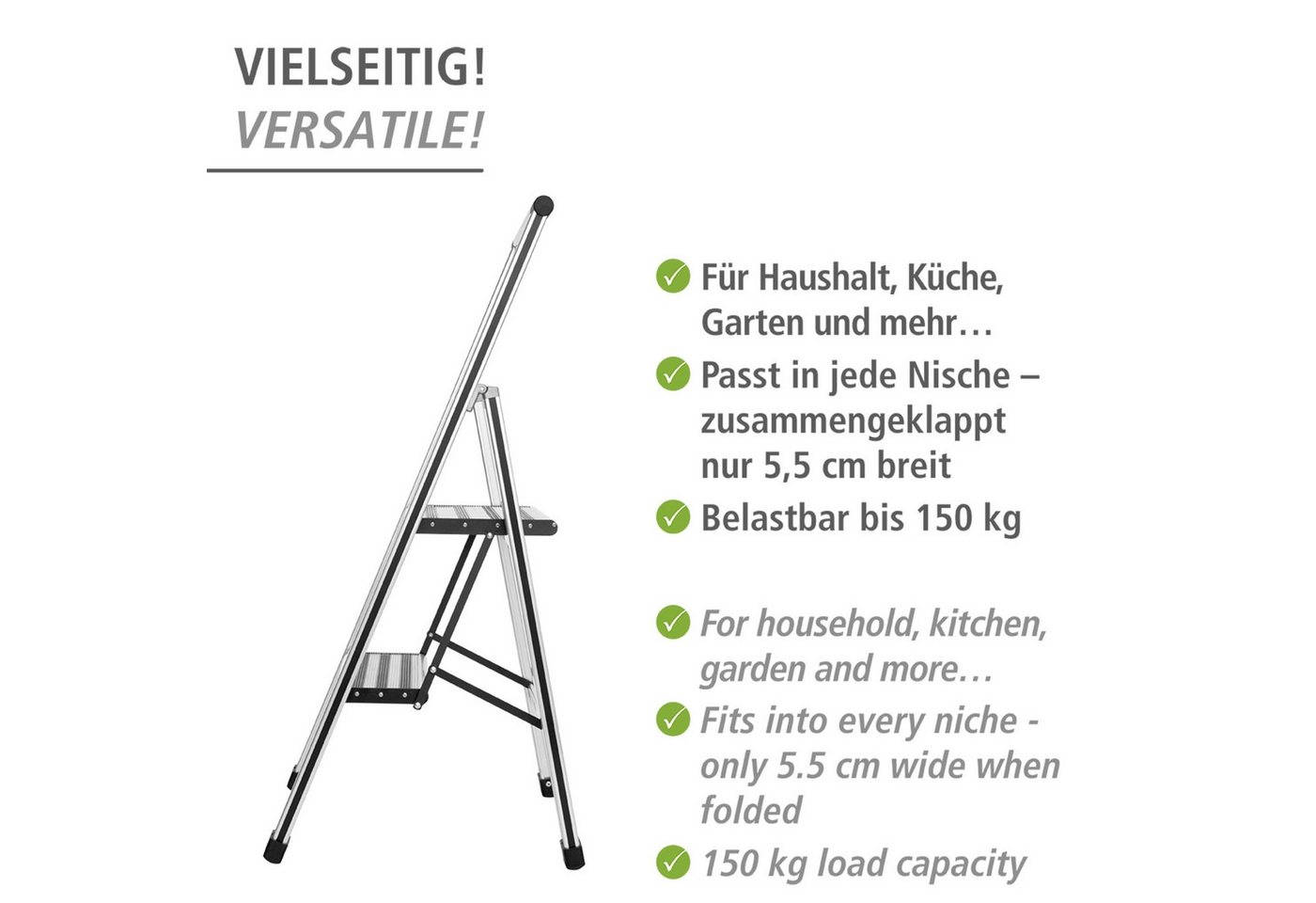 WENKO Trittleiter Modell Alu-Design, Klapptritt Leiter, rutschsichere XXL-Stufen, klappbar, bis 150 kg – Bild 4 von 5