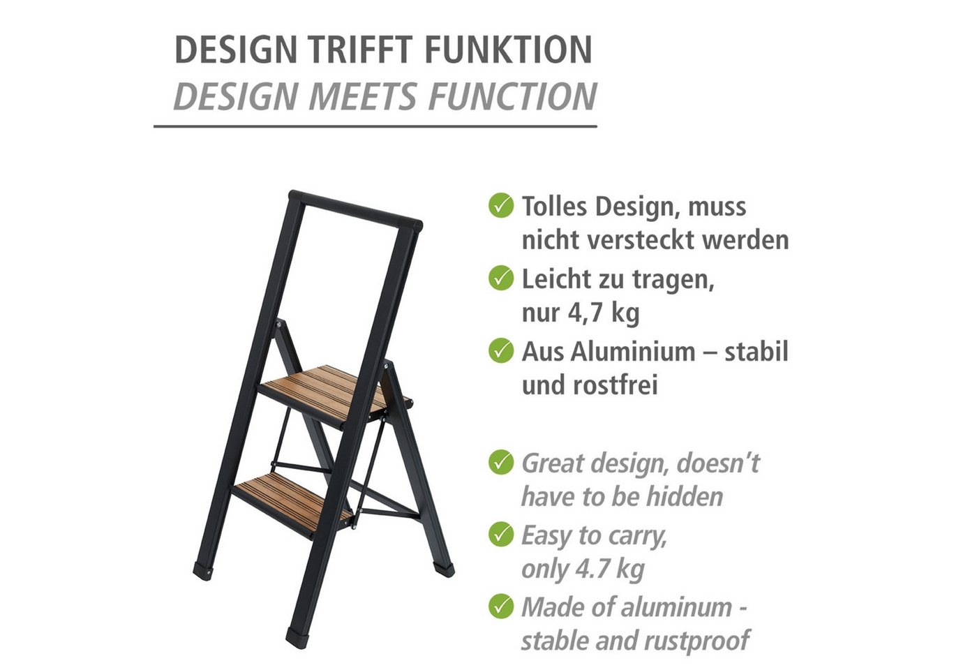 WENKO Trittleiter Modell Alu-Design, rutschsichere XXL-Stufen, robustes Aluminium in Kombination mit Bambus – Bild 3 von 5