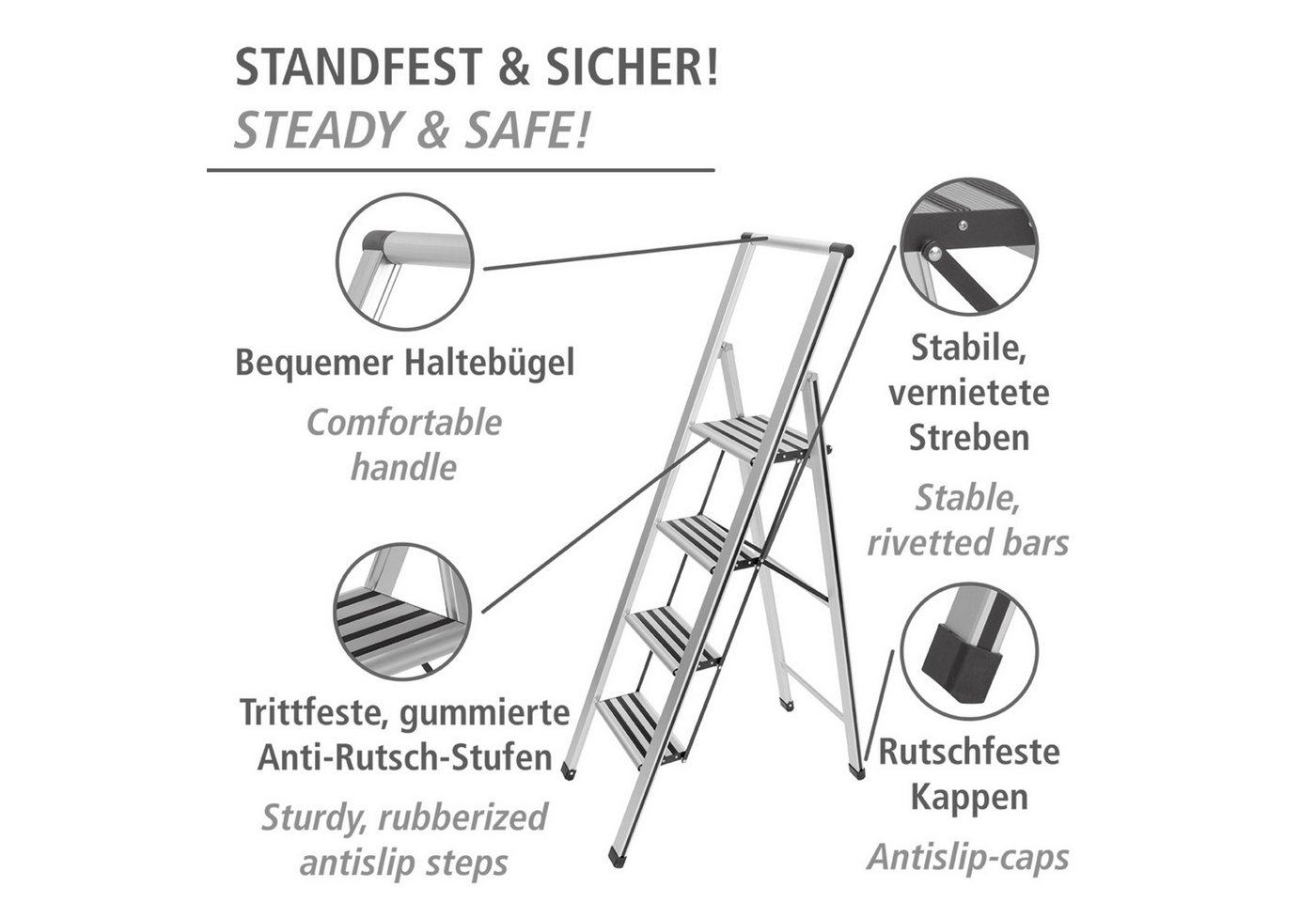 WENKO Trittleiter Modell Alu-Design, Klapptritt Leiter, rutschsichere XXL-Stufen, klappbar, bis 150 kg – Bild 2 von 5