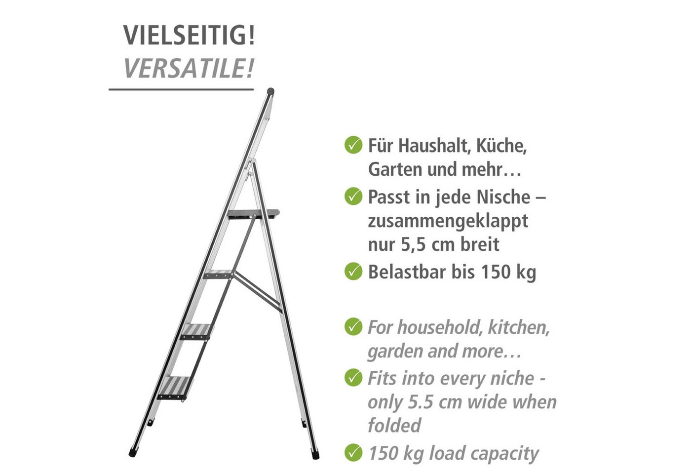WENKO Trittleiter Modell Alu-Design, Klapptritt Leiter, rutschsichere XXL-Stufen, klappbar, bis 150 kg – Bild 4 von 5