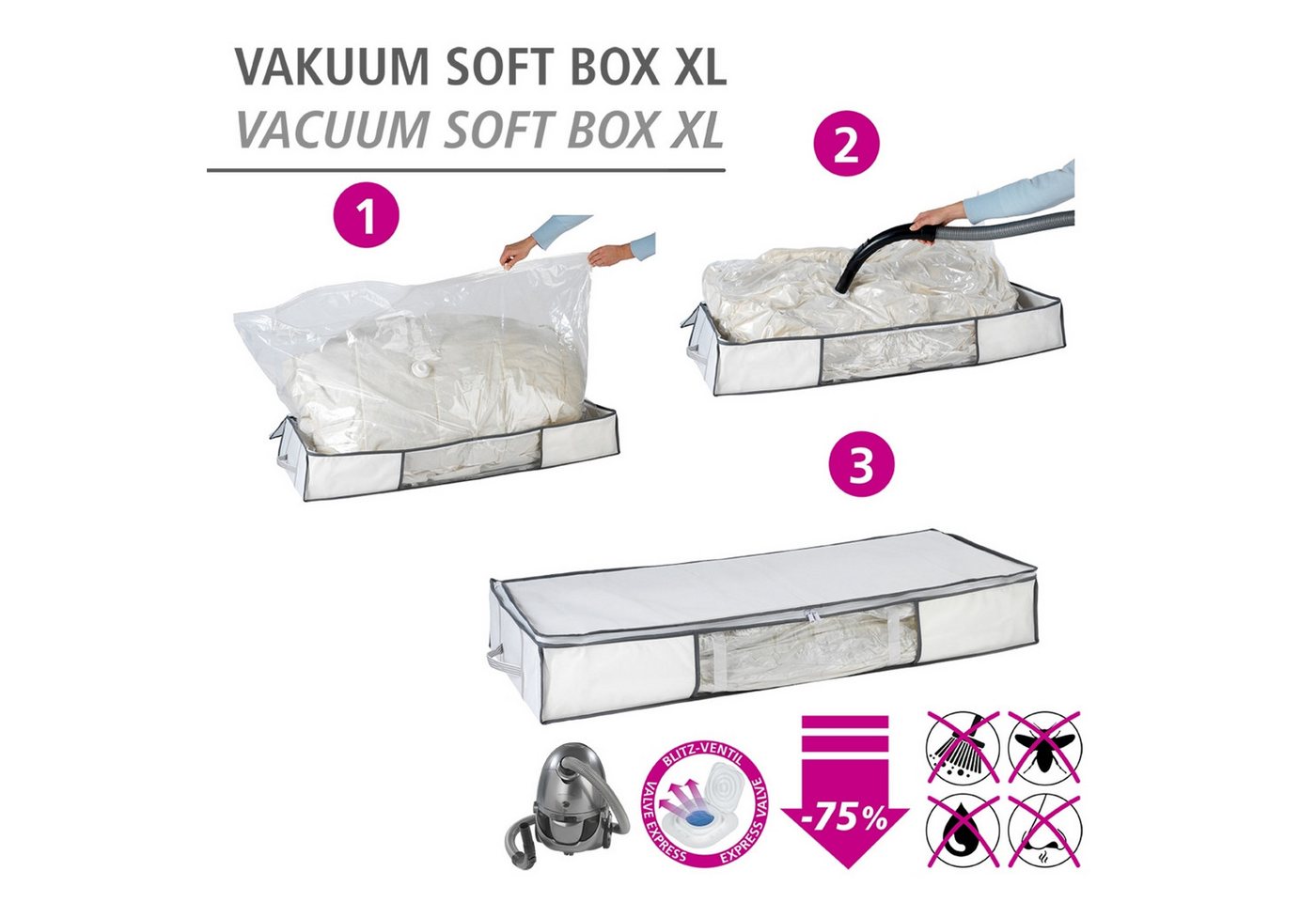 WENKO Unterbettkommode Vakuum Soft Box XL, integrierte Vakuum-Tasche & Blitzventil, bis zu 75 % Platzersparnis – Bild 2 von 5