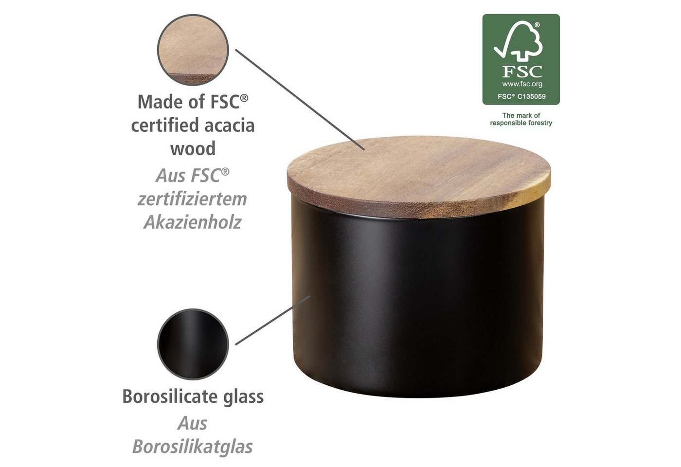 WENKO Vorratsdose Modell Mio, Borosilikatglas, (1-tlg), Frischhaltedose für Lebensmittel, luftdichter Deckel aus Akazienholz – Bild 3 von 5