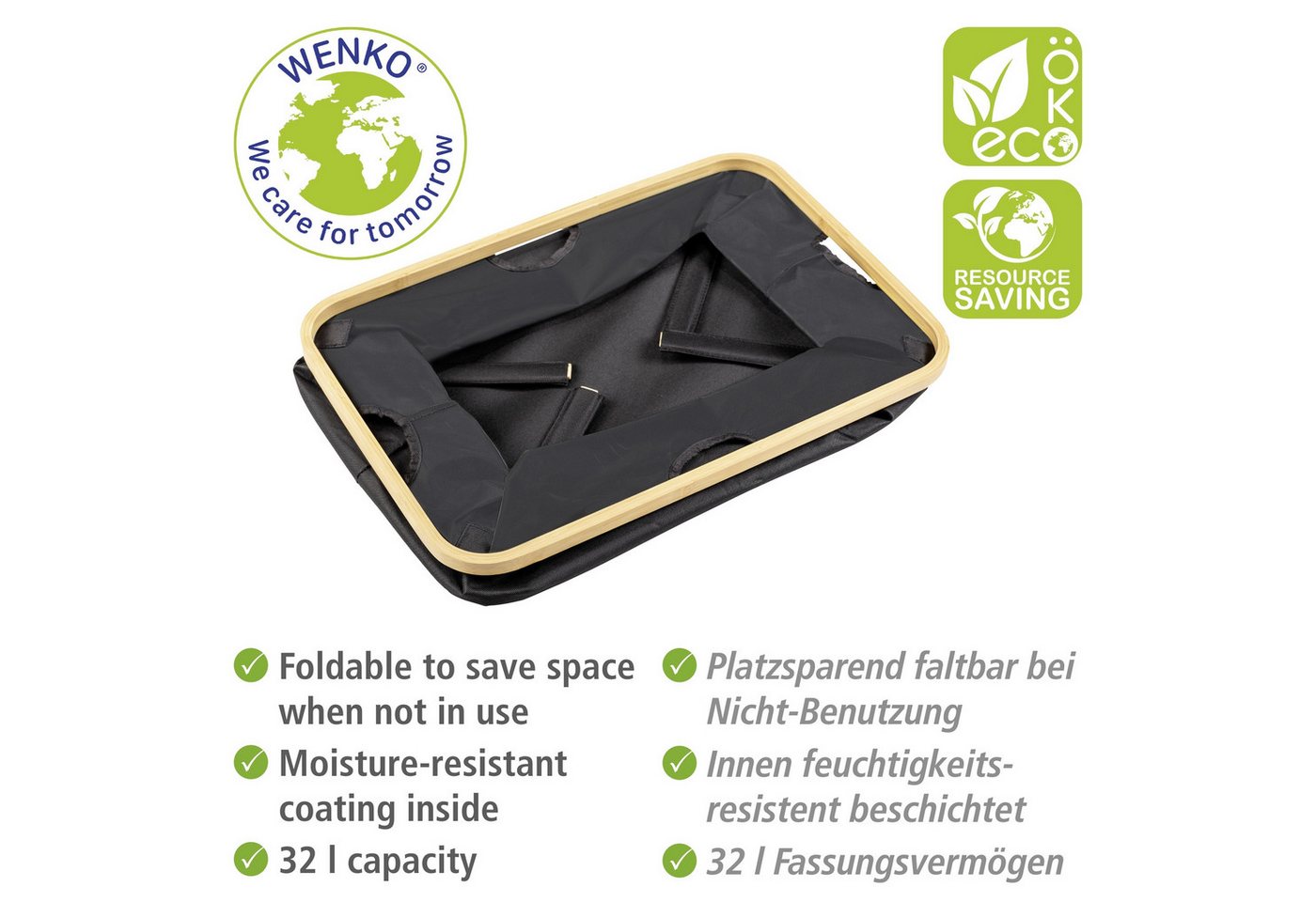 WENKO Wäschekorb Modell Ecori, faltbarer Wäschesammler, recyceltes Polyester mit Bambusrahmen – Bild 4 von 5