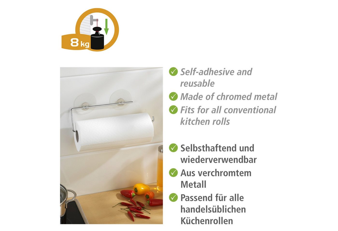 WENKO Wandrollenhalter Modell Static-Loc®, Küchenrollenhalter aus verchromtem Metall, Befestigen ohne Bohren – Bild 3 von 5