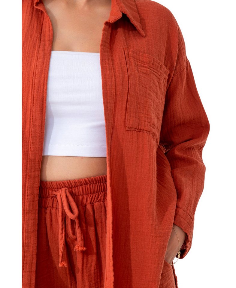 WENOR Hemdbluse Damen Musselin Oversize Bluse Langarm Einheitsgröße 34-42 – Bild 3 von 5