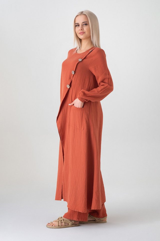 WENOR Longtunika Musselin mit Frontschlitz, Knopfdetail, 100 % Baumwolle, 130 cm Frontschlitz, asymmetrisches Knopfdesign, extra lang – Bild 3 von 5